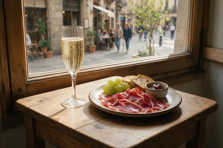 Cava and jamón at a window table