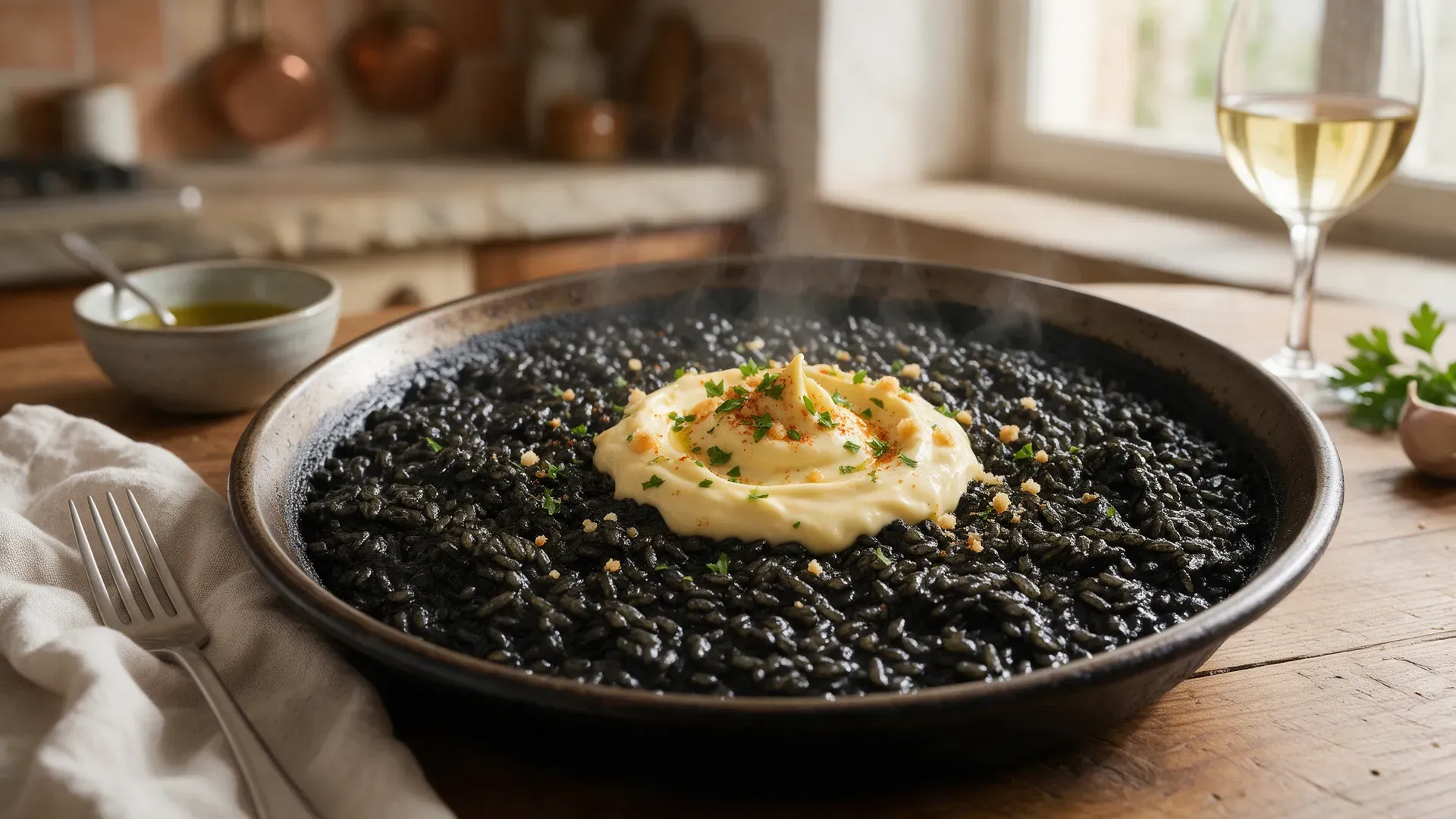 A shallow pan of glossy black squid ink rice topped with a spoonful of garlic allioli