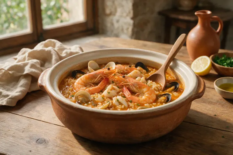 A deep earthenware casserole of soupy seafood rice with prawns and a spoon resting in it
