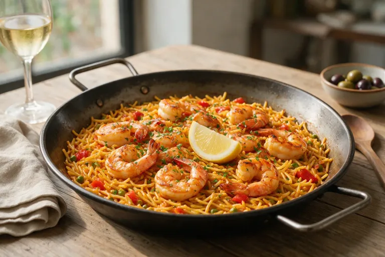 A wide pan of short toasted noodles cooked like paella with prawns and a wedge of lemon