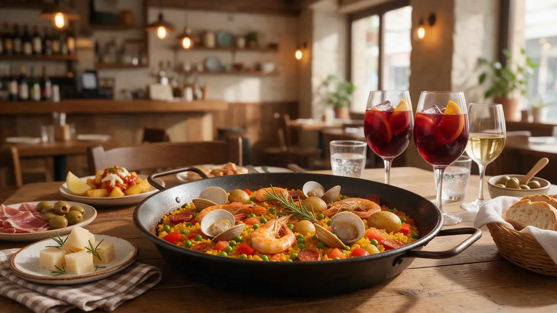 A table set with paella in a wide pan, small tapas plates and glasses of sangria in a warm restaurant