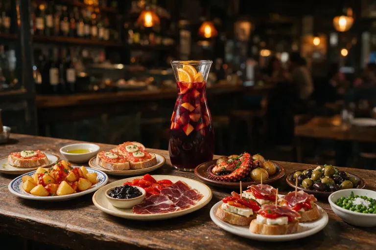 Small plates of Spanish tapas and a carafe of sangria on a bar counter in the evening