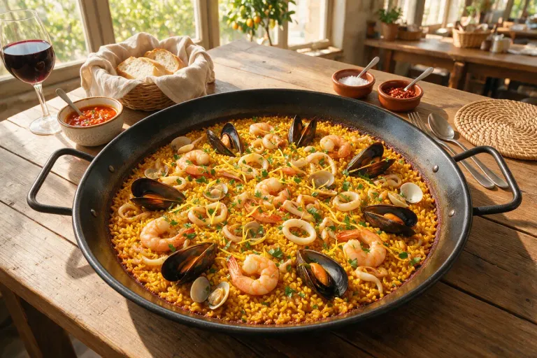 A wide pan of saffron-yellow paella with seafood on a restaurant table, seen from above