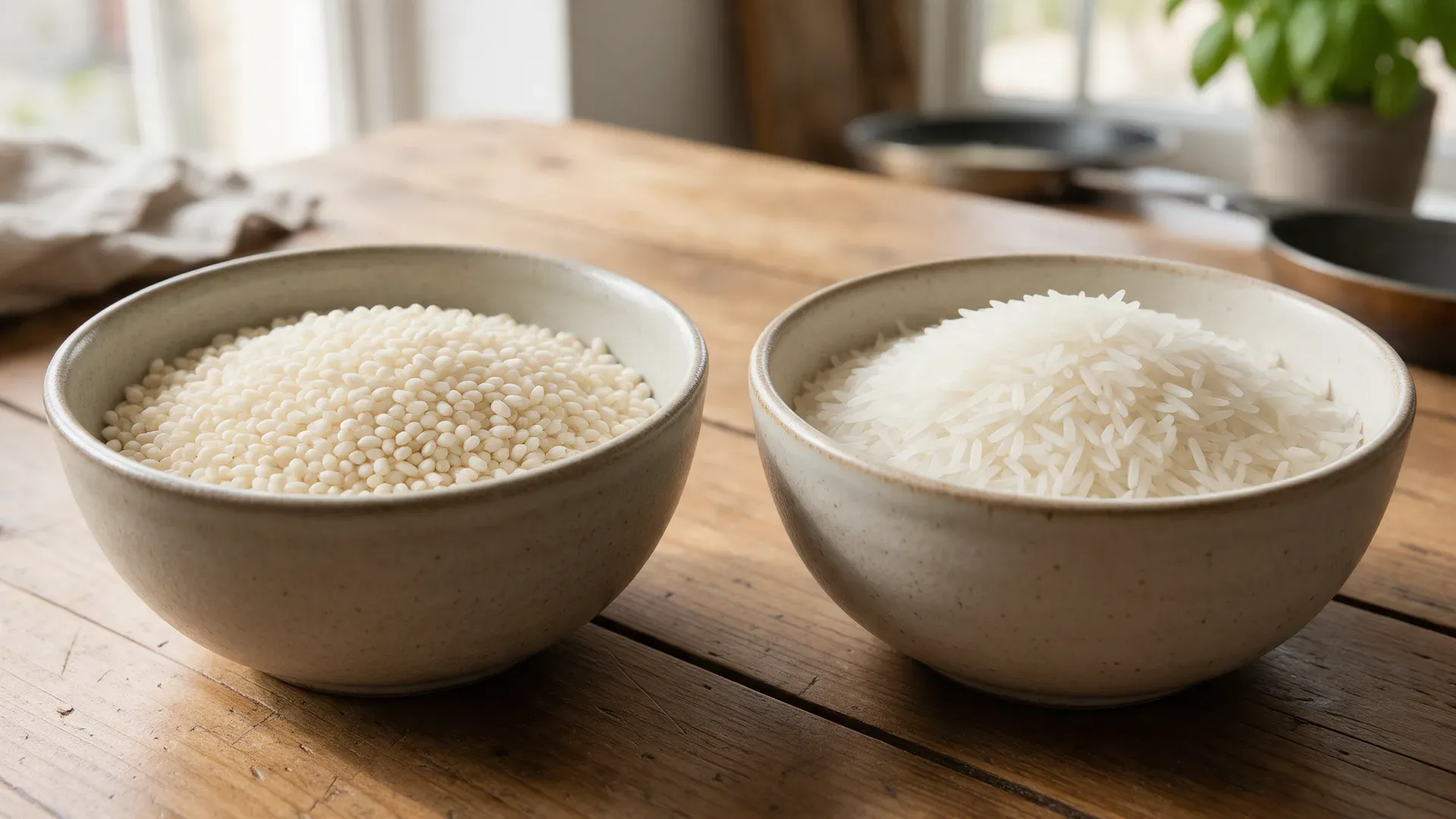 Bomba rice and jasmine rice side by side