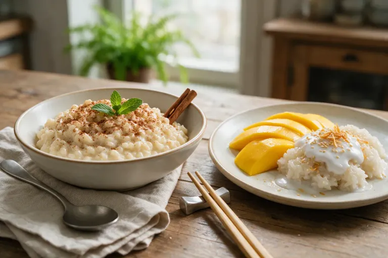 Arroz con leche next to mango sticky rice