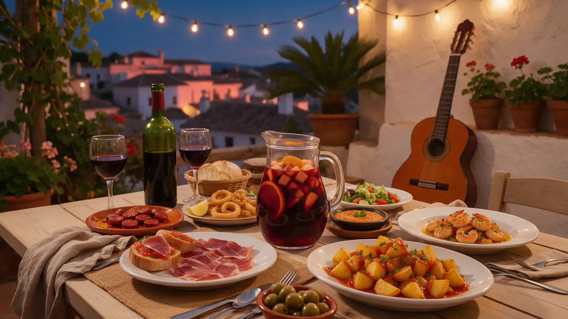 Tapas and sangría with a flamenco guitar behind