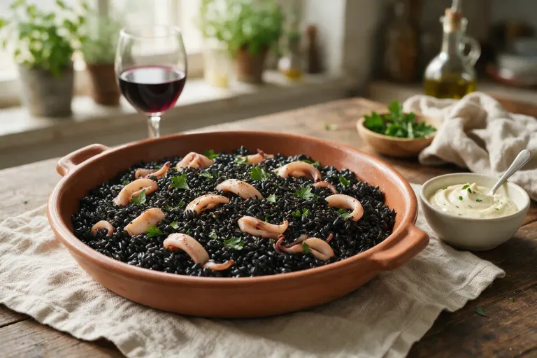 Black rice cooked with squid ink in a wide clay dish, with a small bowl of garlic mayonnaise