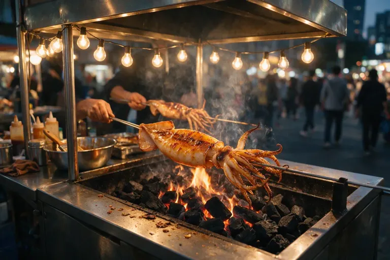 Whole squid grilling on skewers over charcoal at a street food stall at night