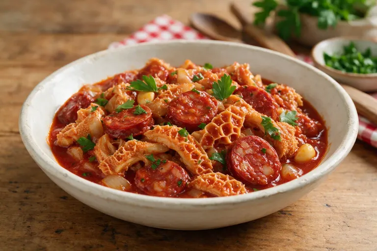 Close-up of tripe pieces and chorizo slices in a thick red sauce