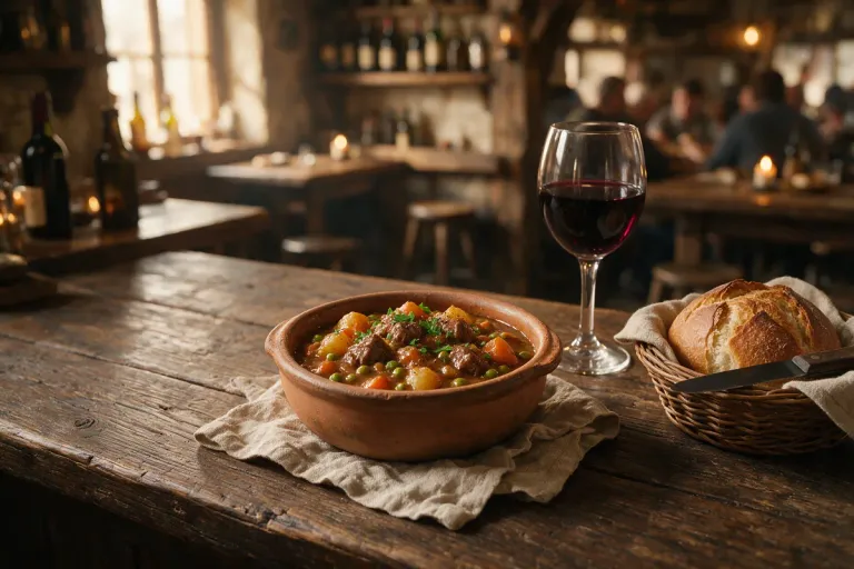 A small clay bowl of stew on a tavern bar counter next to a glass of red wine and a basket of bread