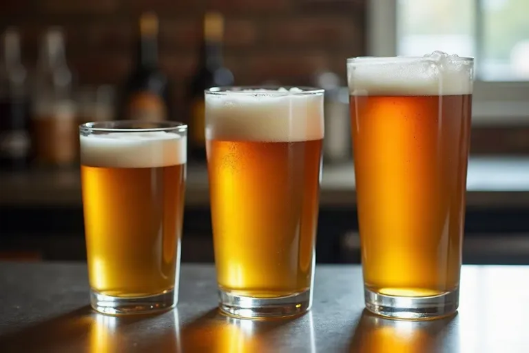 Three draught beers in different glass sizes lined up on a zinc bar