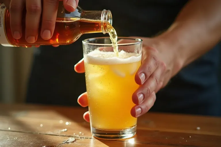 A glass of pale lager with lemon soda being poured in, condensation on the glass