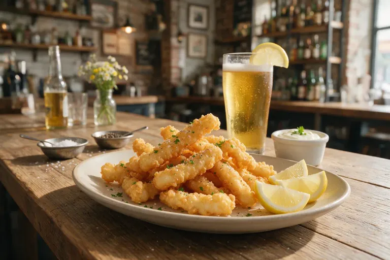 A plate of fried squid strips with lemon wedges on a bar counter