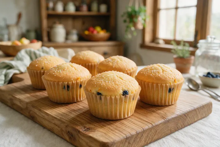 Small golden sponge cakes in paper wrappers on a wooden board