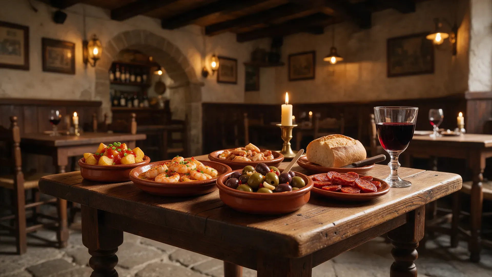 A rustic tavern table set with tapas and red wine under warm light