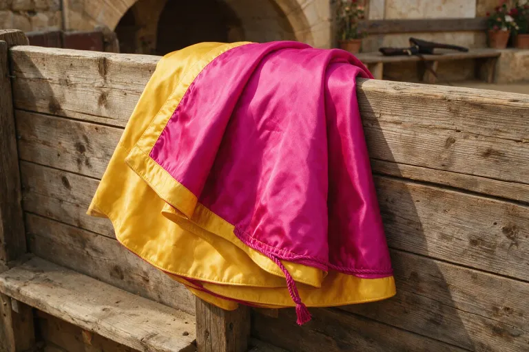 A folded magenta and yellow cape draped over a wooden barrier