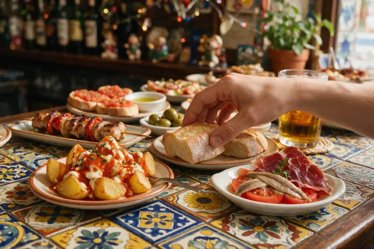 Small plates of Spanish tapas on a tiled bar top, a hand reaching for bread