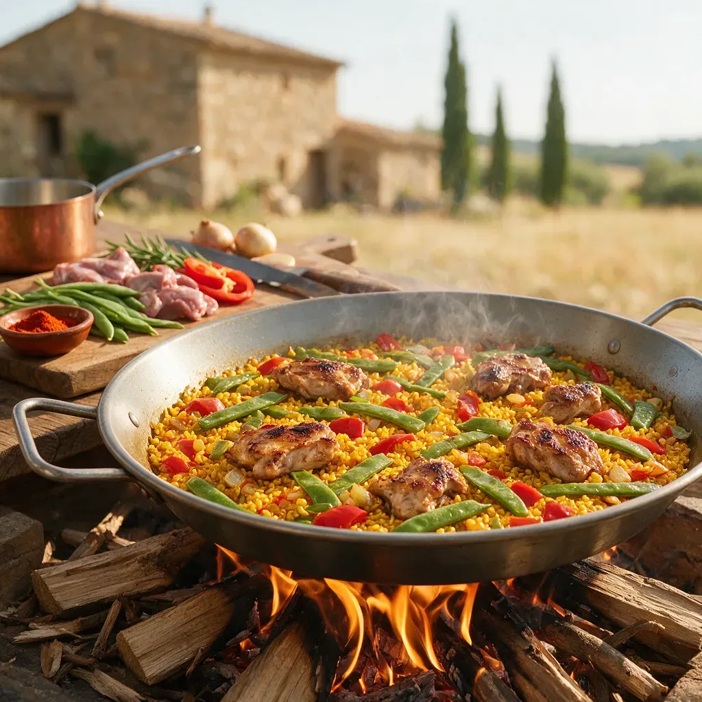 A wide steel paella pan of saffron rice with chicken, green beans and red pepper, cooked outdoors over a wood fire