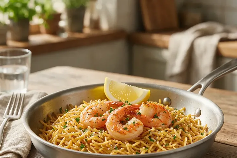 Short toasted noodles in a shallow pan with prawns and a wedge of lemon