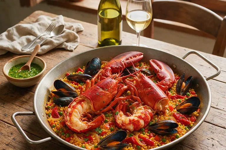 Rice with lobster halves and mussels in a wide pan on a wooden table, seen from above