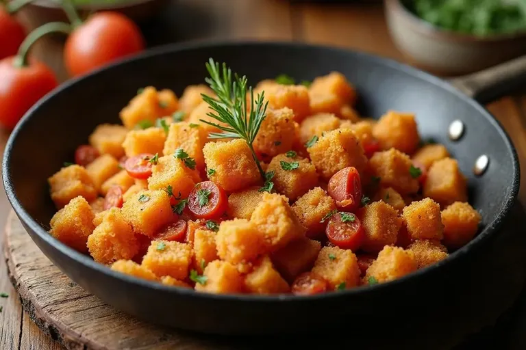 A wide pan of golden fried breadcrumbs with pieces of chorizo, on a rustic table