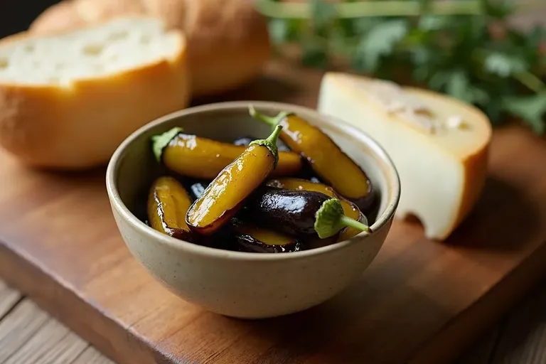 A small bowl of pickled baby aubergines beside a wedge of sheep's cheese and bread