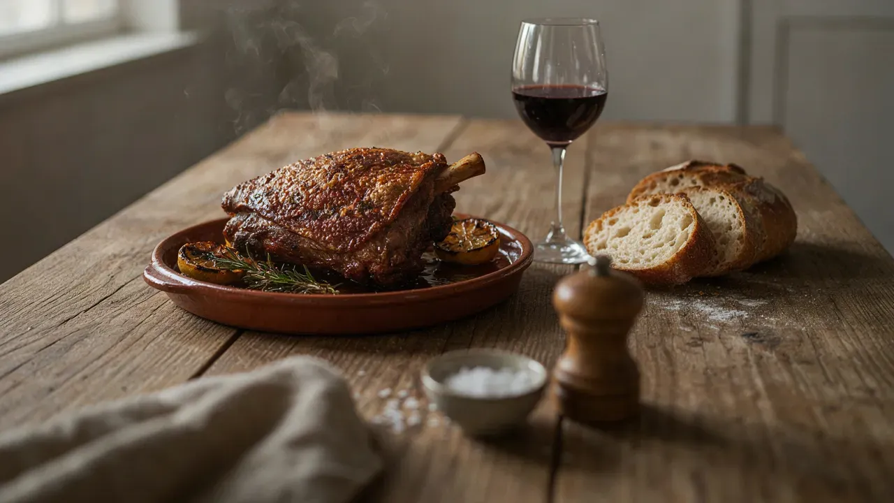 Roast lamb in a clay dish next to a loaf of bread and a glass of red wine
