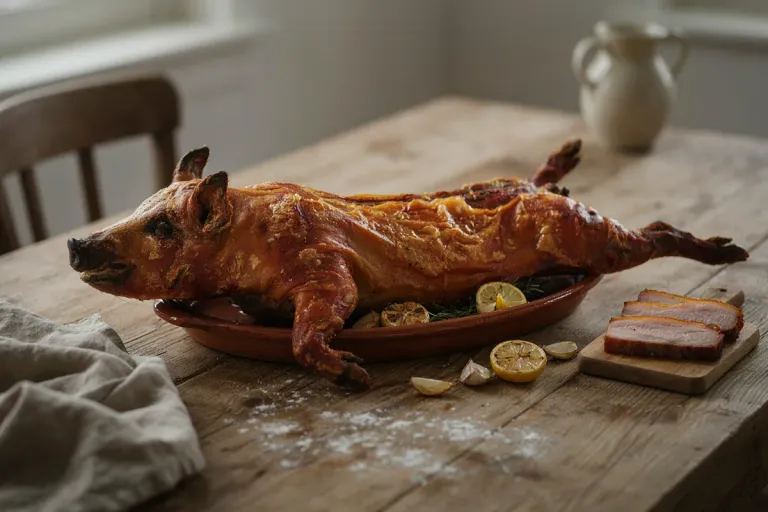 A roast suckling pig with crisp golden skin in an earthenware dish