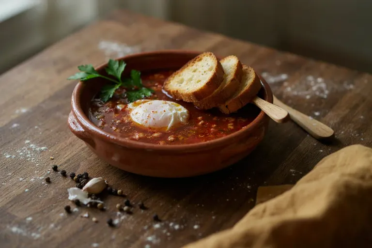 A clay bowl of garlic soup with bread and a poached egg