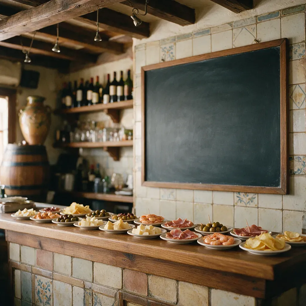 A blank chalkboard on a tiled wall in a small bar, with a counter of small snacks below it