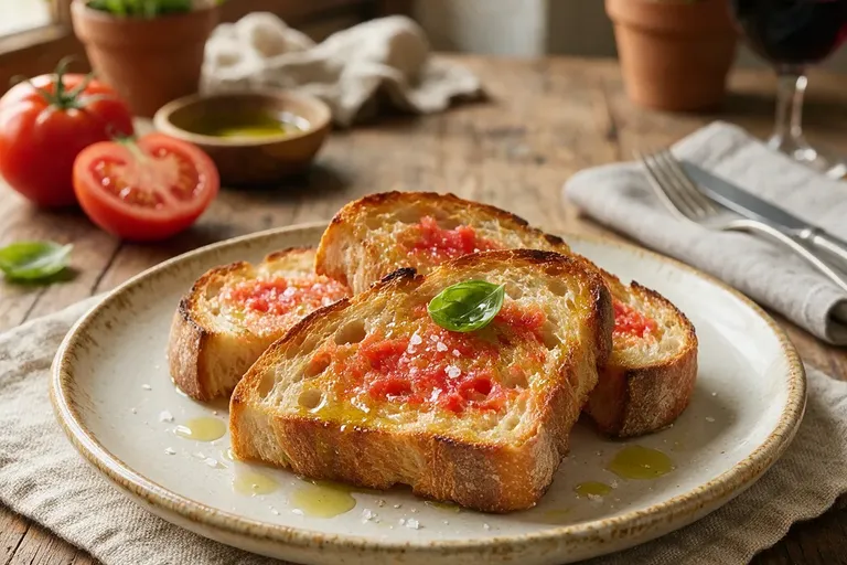 Slices of rustic bread rubbed with tomato and drizzled with olive oil on a plate