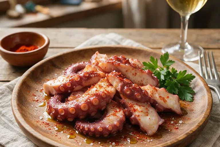 Slices of octopus on a wooden plate dusted with red paprika and coarse salt