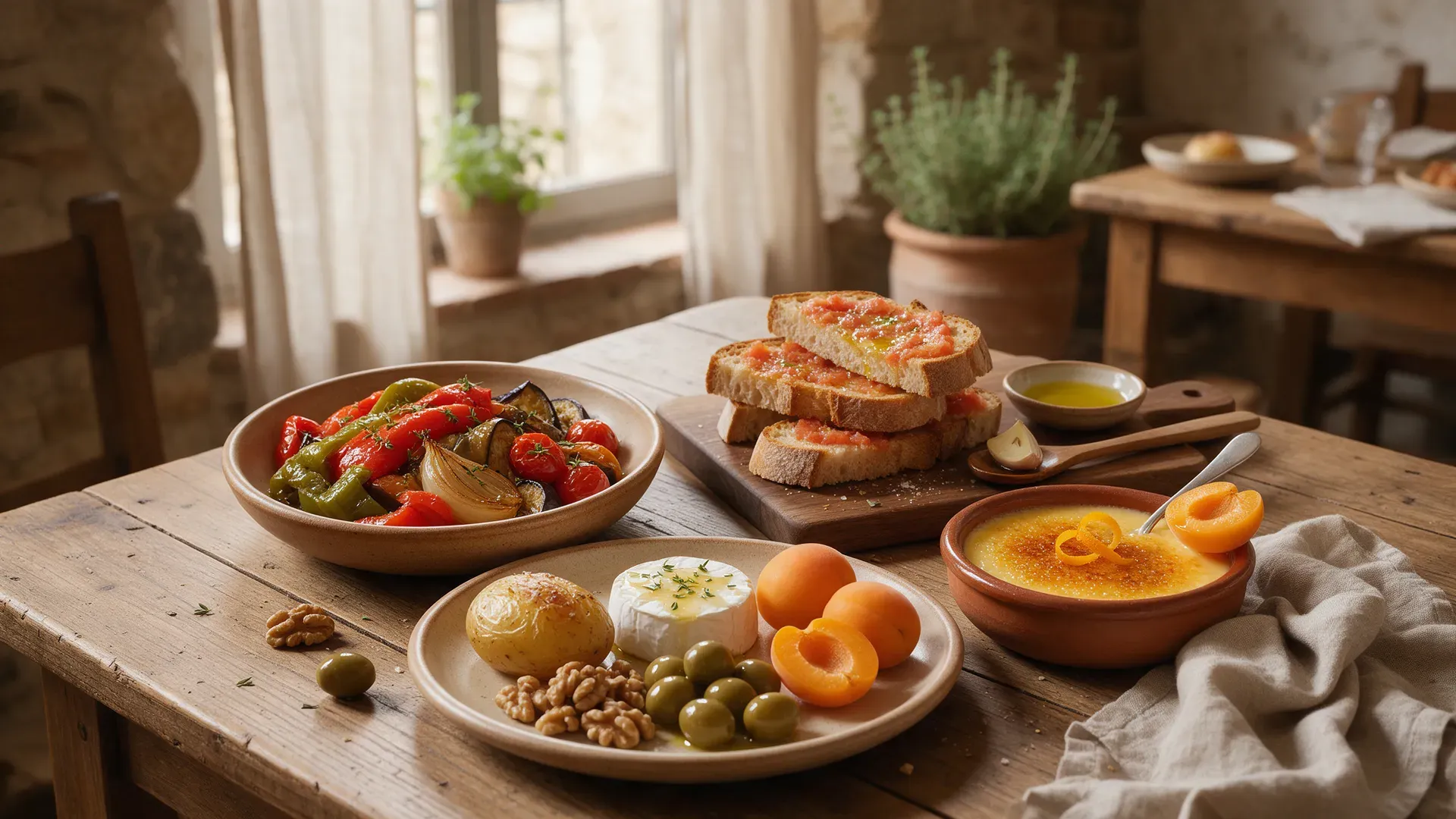 Illustration: a spread of Catalan dishes with roasted vegetables, bread and a custard dessert
