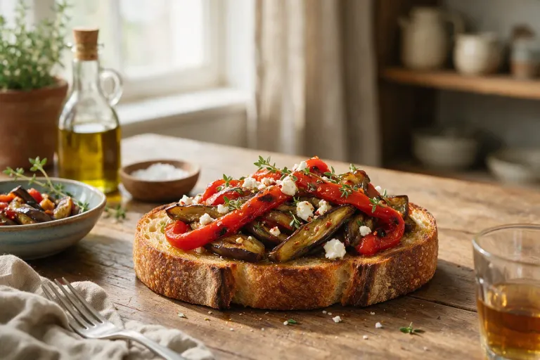 Illustration: strips of roasted red pepper and aubergine on toast with olive oil