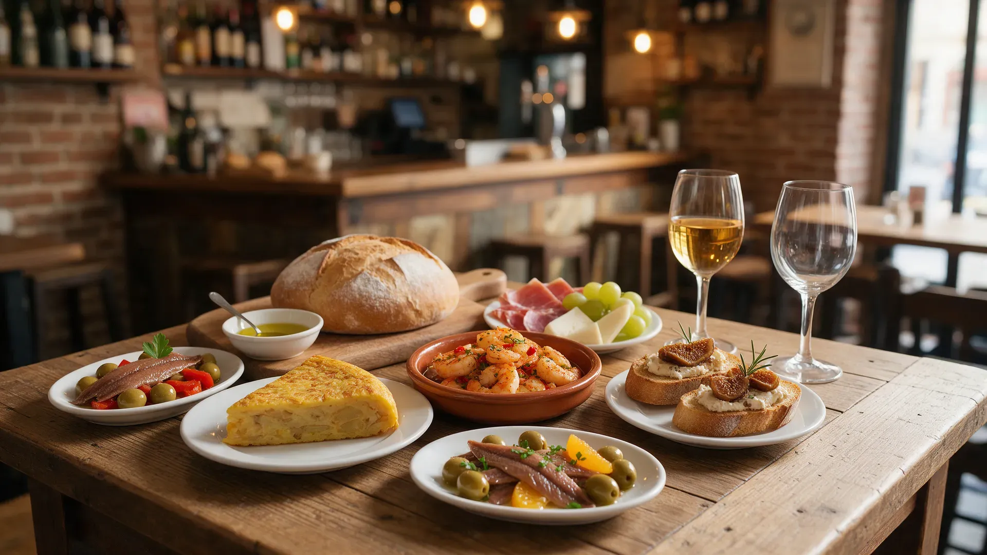 A table of Spanish tapas with small plates, bread and glasses of sherry in a warmly lit bar