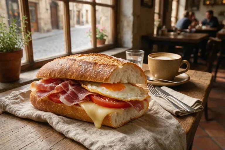 A crusty Spanish sandwich roll filled with cured ham on a café table with a cup of coffee