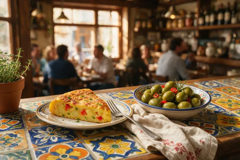 A small plate of Spanish omelette and a bowl of olives on a colourful tiled bar