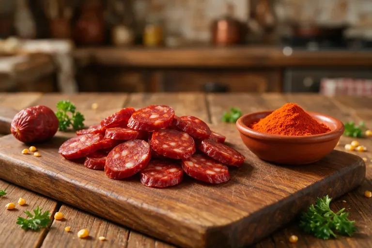 Slices of deep red cured chorizo on a wooden board next to a small bowl of smoked paprika