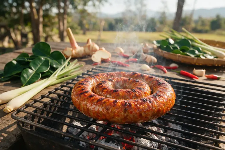 Coiled northern Thai herb sausage grilling over charcoal, with lemongrass and lime leaves nearby