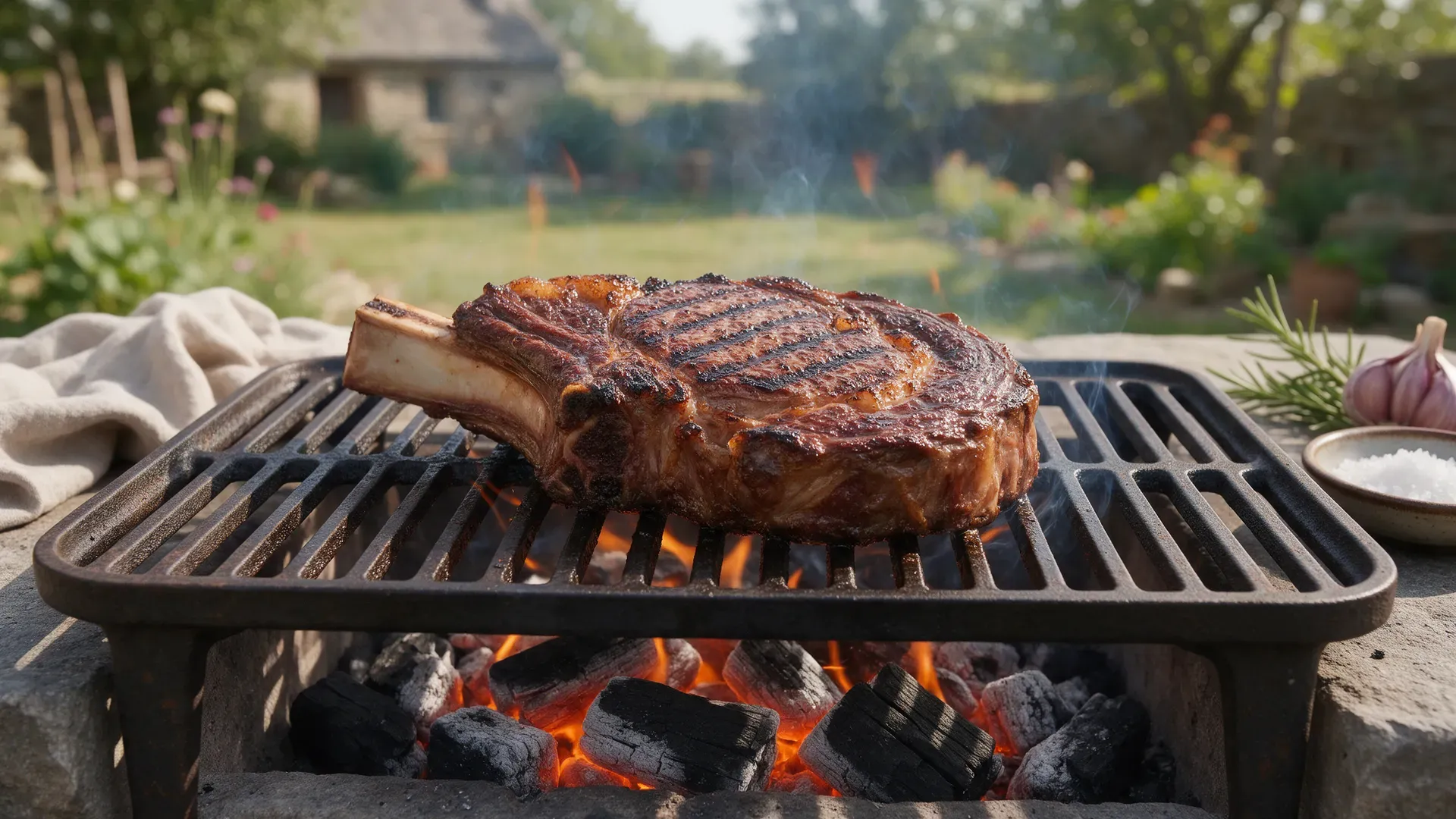 A thick bone-in rib steak searing over glowing charcoal