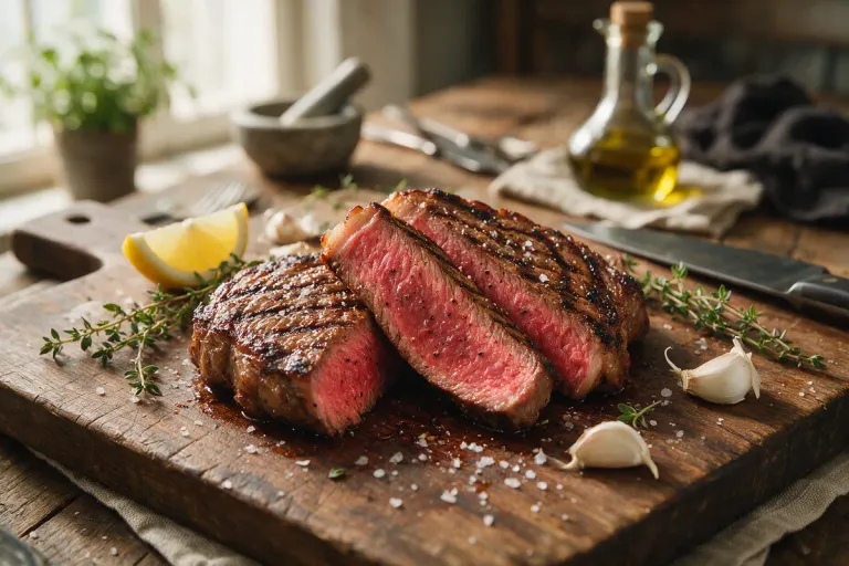 Slices of rare grilled beef on a wooden board with coarse salt