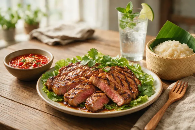 Sliced grilled beef with a small bowl of red chilli dipping sauce and sticky rice