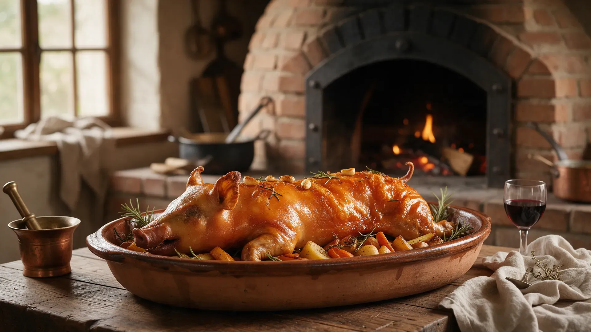 A roast suckling pig with crisp golden skin in an earthenware dish beside a wood-fired oven