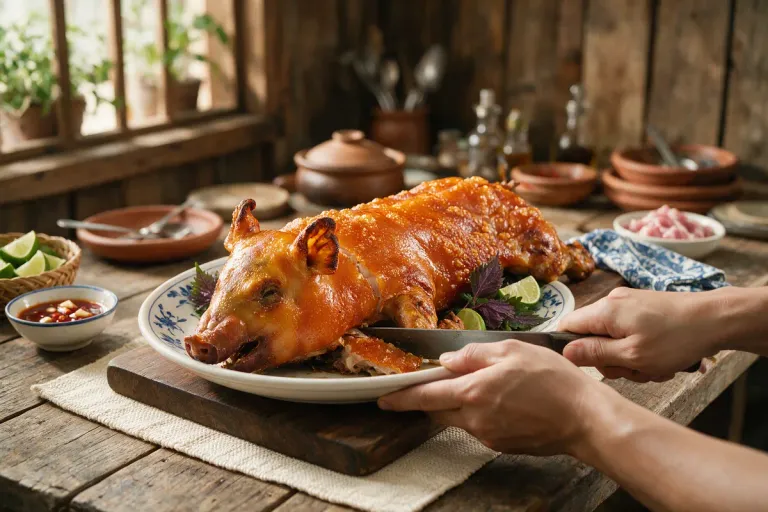Hands serving a crisp roast suckling pig on a white plate at a rustic table