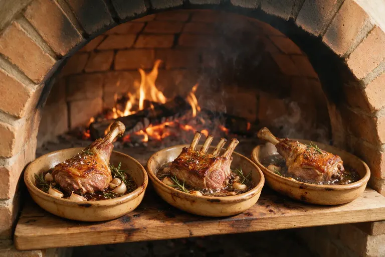 Earthenware dishes of roast lamb in front of a brick wood-fired oven with flames at the back