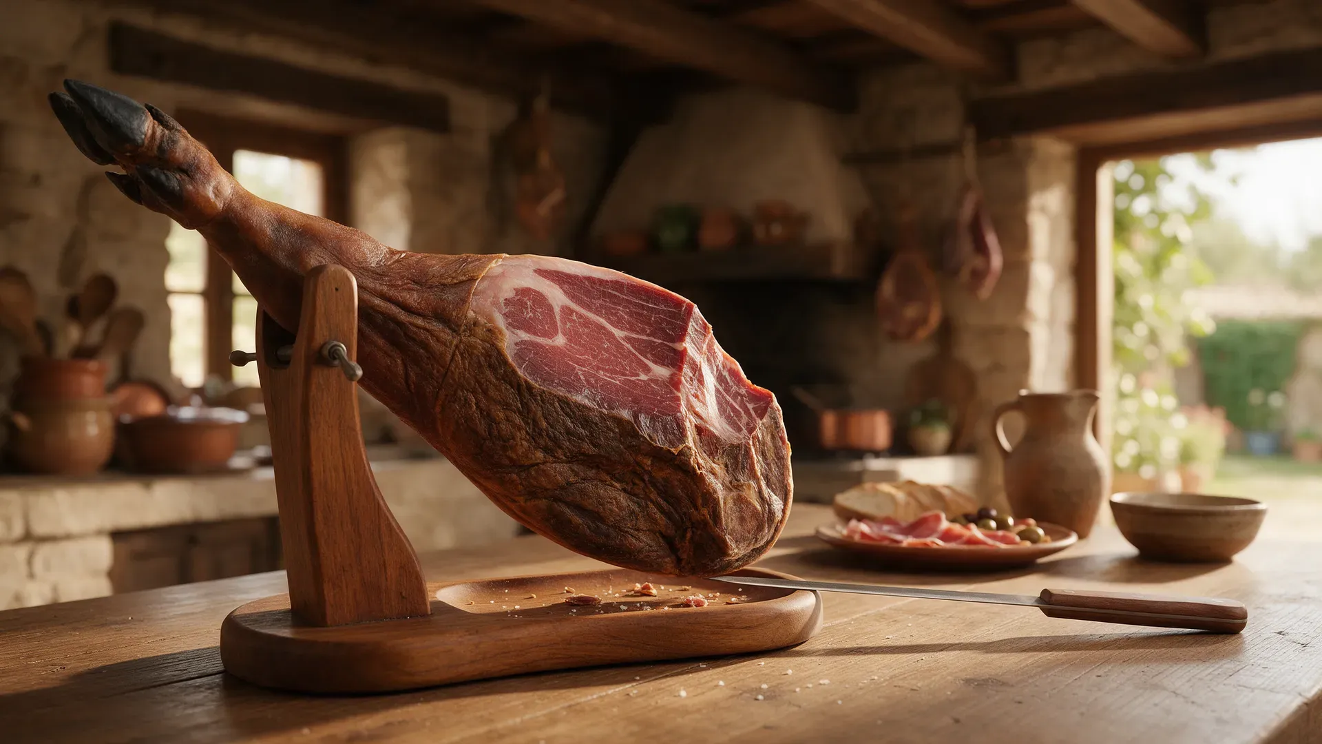 A whole cured ham held in a wooden stand with a long carving knife beside it (illustration)