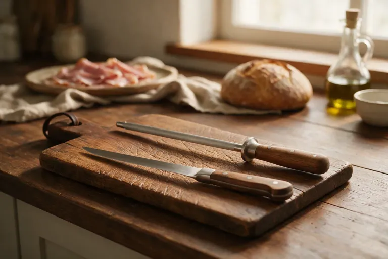Two long, thin ham knives on a wooden board (illustration)