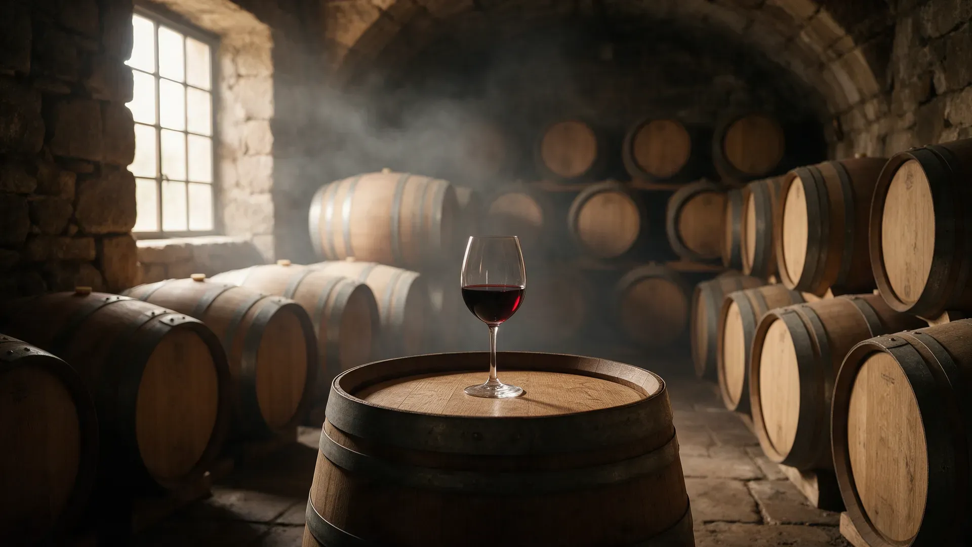 Oak wine barrels stacked in a dim stone cellar with a glass of red wine on top of one barrel