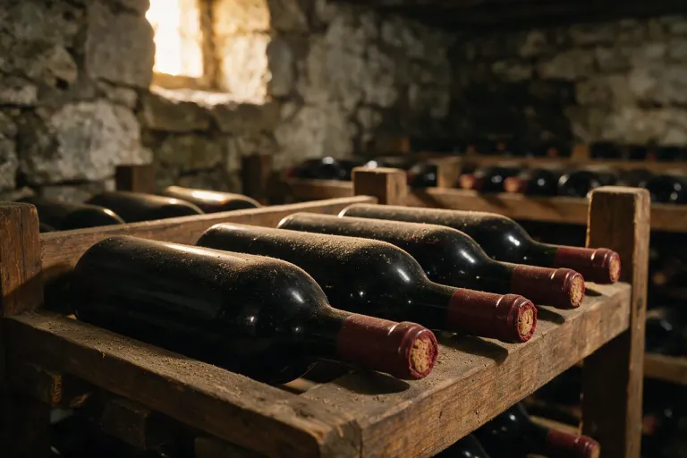 Unlabelled red wine bottles lying horizontally in a cellar rack in soft light