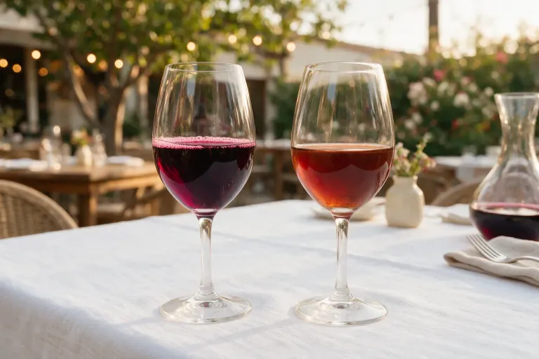 Two glasses of red wine side by side on a white tablecloth, one young and purple, one older and brick-coloured